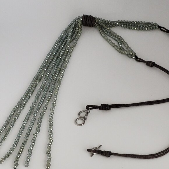 Boho Drop Tassel Necklace Cord & Crystal Bead Green AB Crystals - Picture 4 of 12
